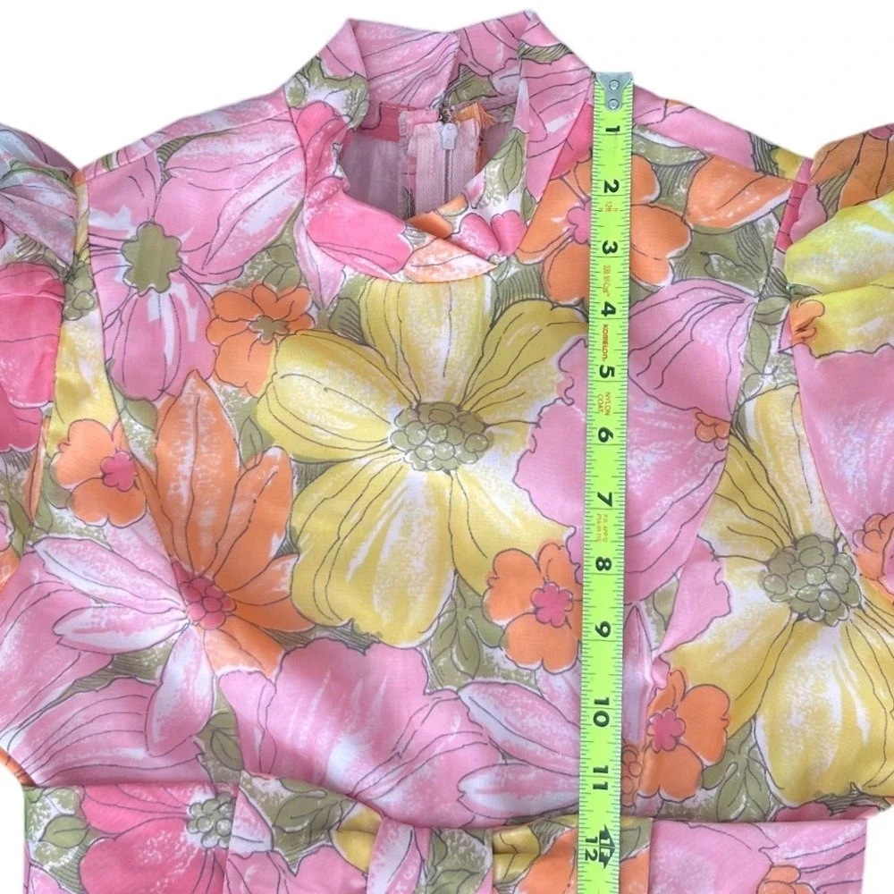 Vintage 60's  Floral Maxi Dress Pink Orange Yellow Puff Sleeve‎ Boho Mod Garden - Picture 6 of 10